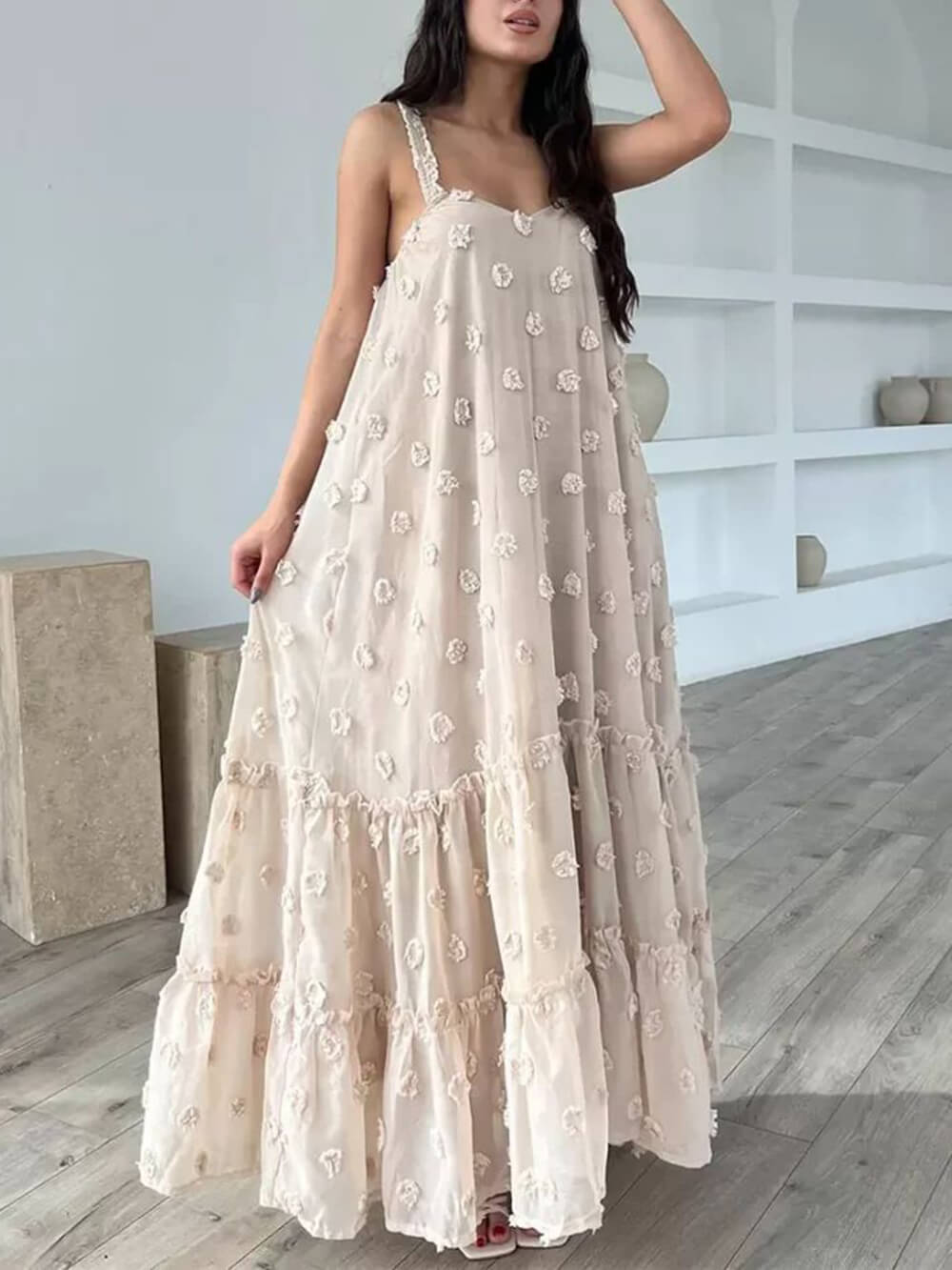 Flower Decor Pretty A-Line Layered Loose Maxi Dress