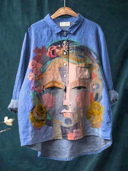Amber | Oil Painting Freda Portrait Art Printed Women's Casual Shirt
