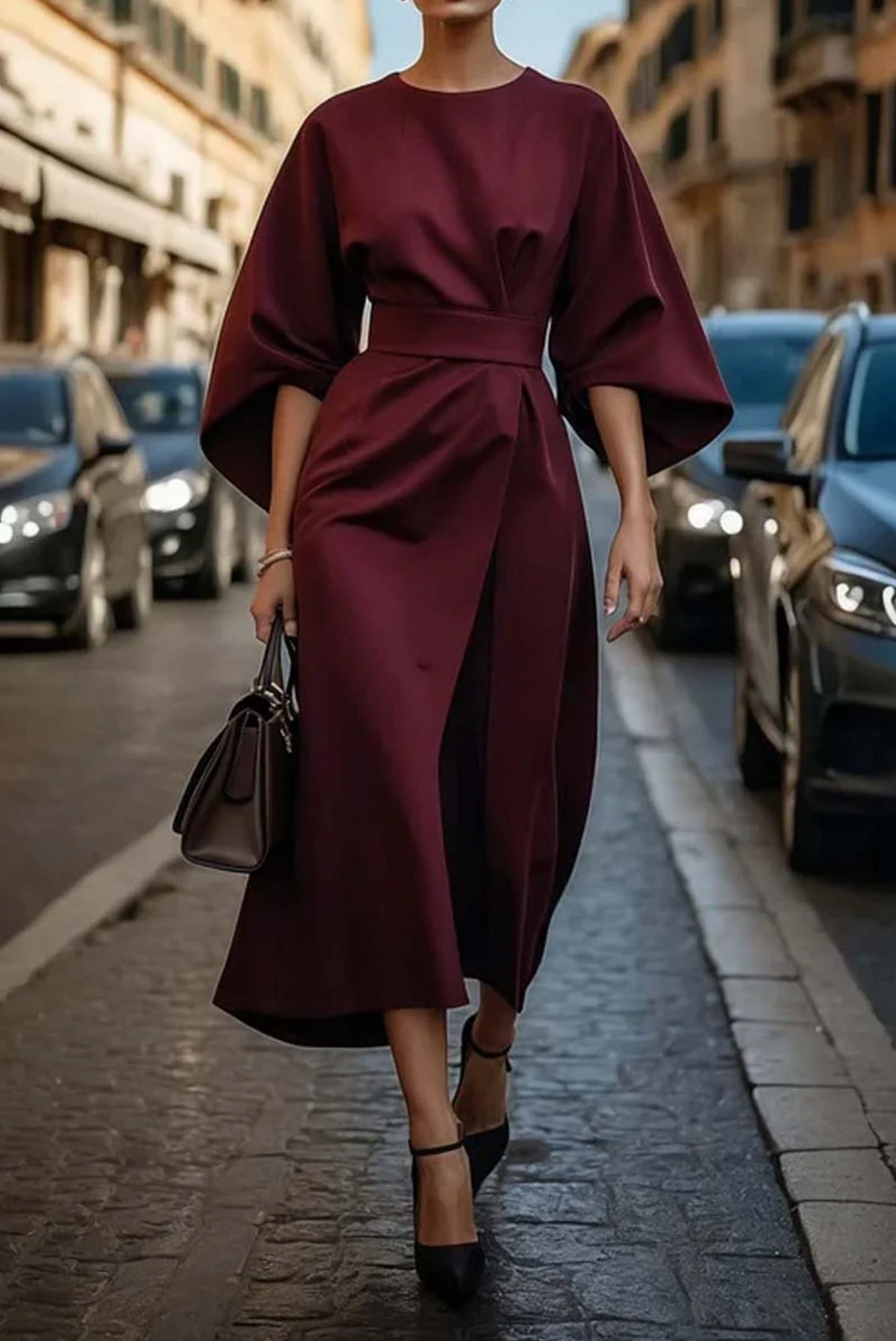 Emilia™ - Elegant Dress with Lantern Sleeves and Belt