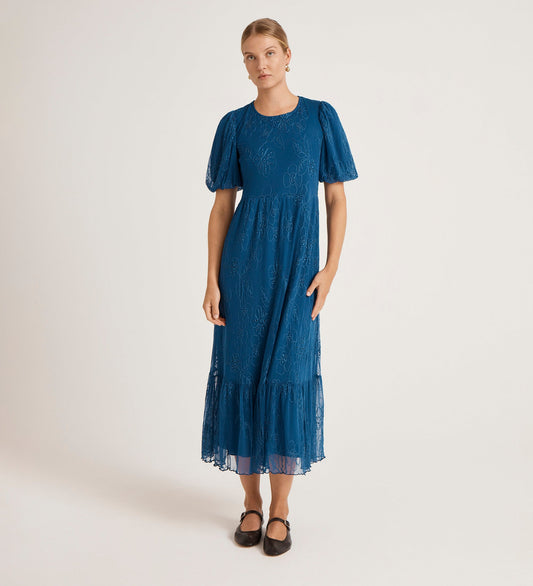 Yasmine Blue Mesh Midi Tea Dress